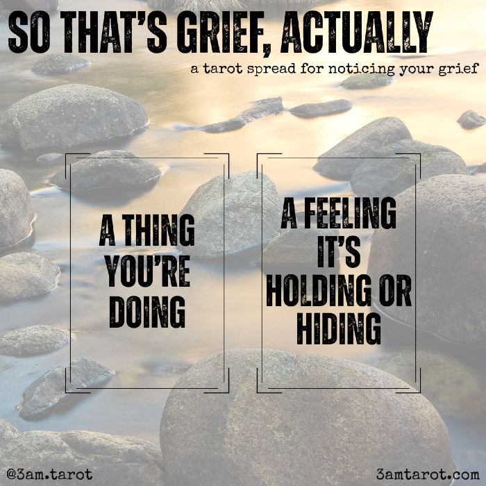 so that's grief, actually: a tarot spread for noticing your grief. a thing you're doing / a feeling it's holding or hiding