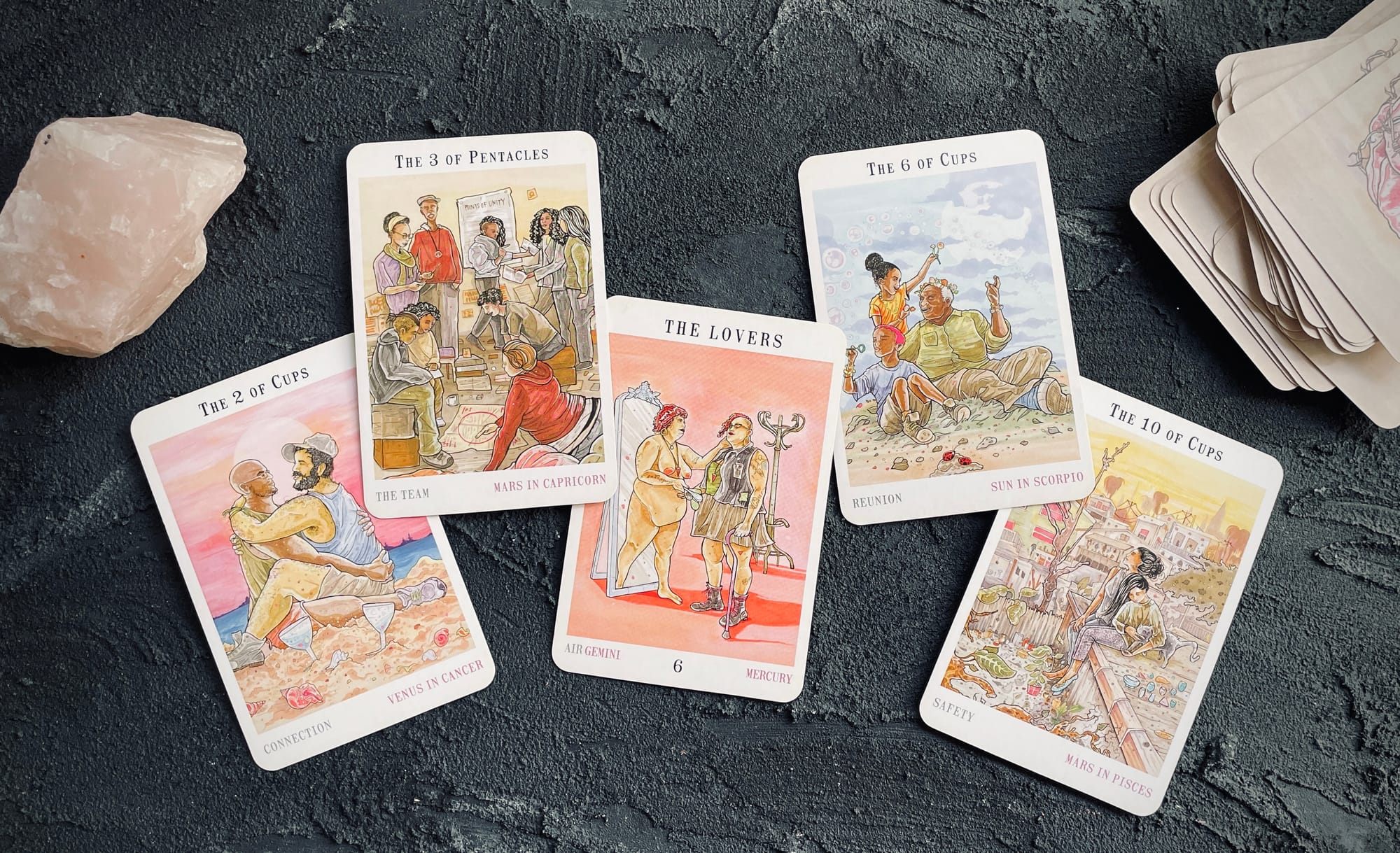 two of cups, three of pentacles, lovers, six of cups, and ten of cups from the next world tarot