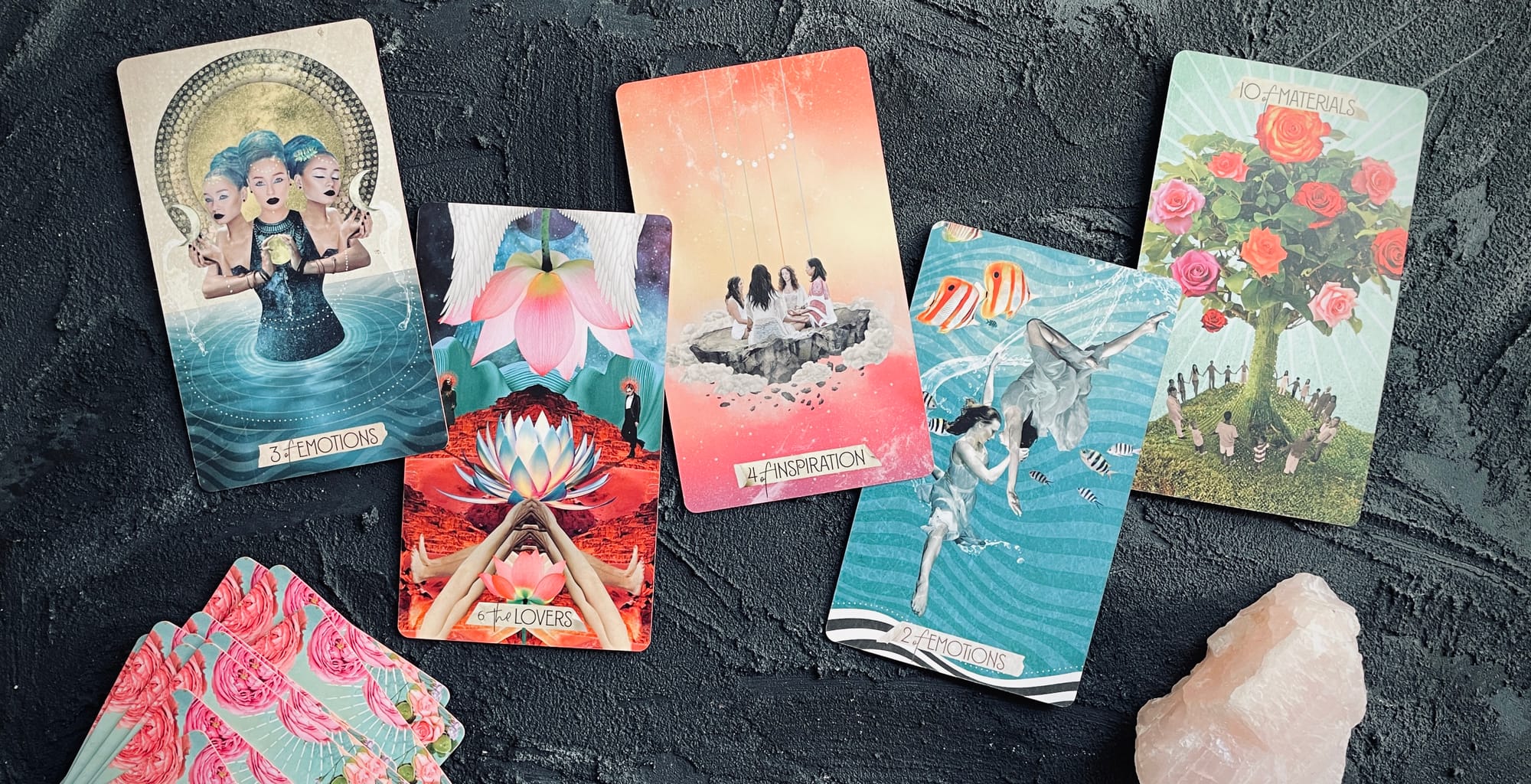 three of cups, lovers, four of wands, two of cups, and ten of pentacles from the muse tarot