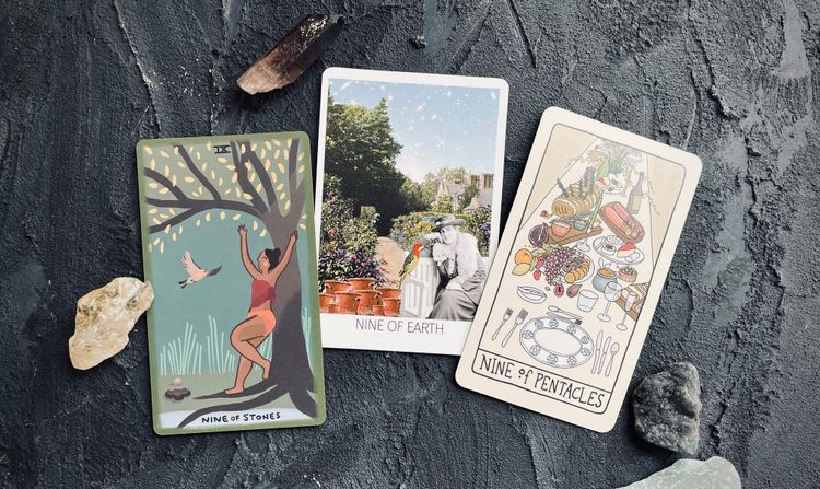 nine of pentacles from the gentle tarot (left), the rosebud tarot (center), and the fifth spirit tarot (right)