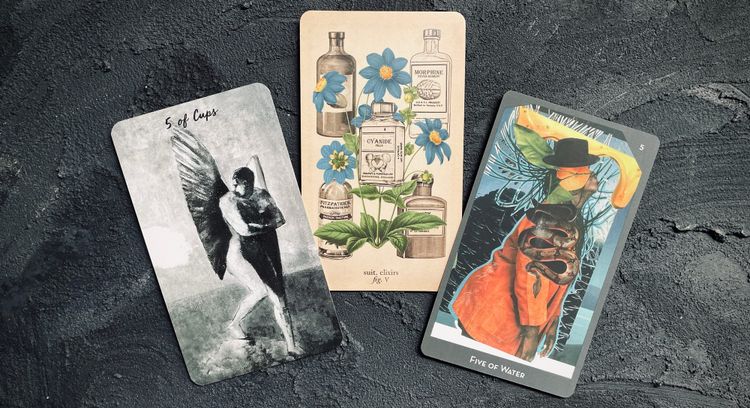 five of cups from the tarot chimera (left), antique anatomy tarot (center), and lineages of change tarot (right)