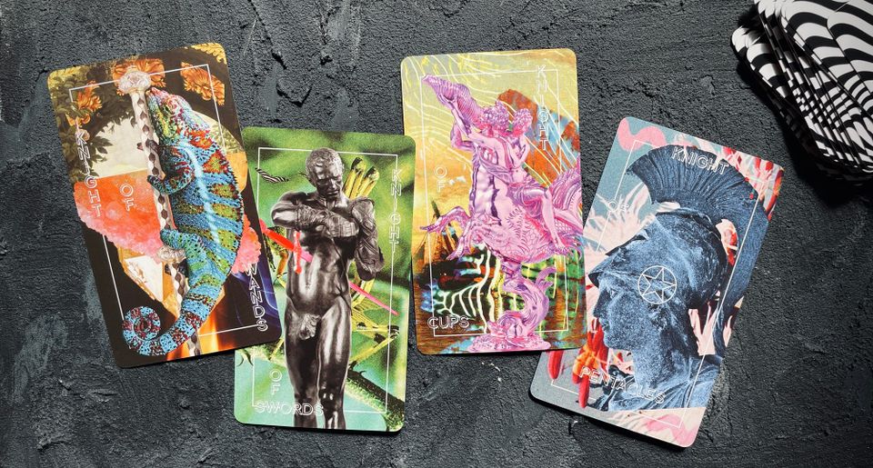 knight of wands, swords, cups, and pentacles from the anthropologist tarot