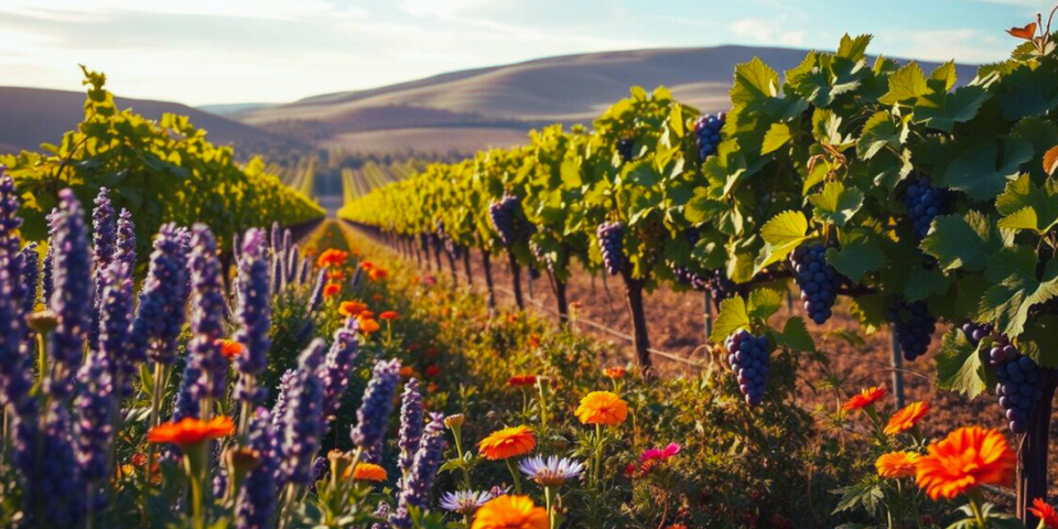 grapes on the vine surrounded by flowers, with mountains and blue sky in the background