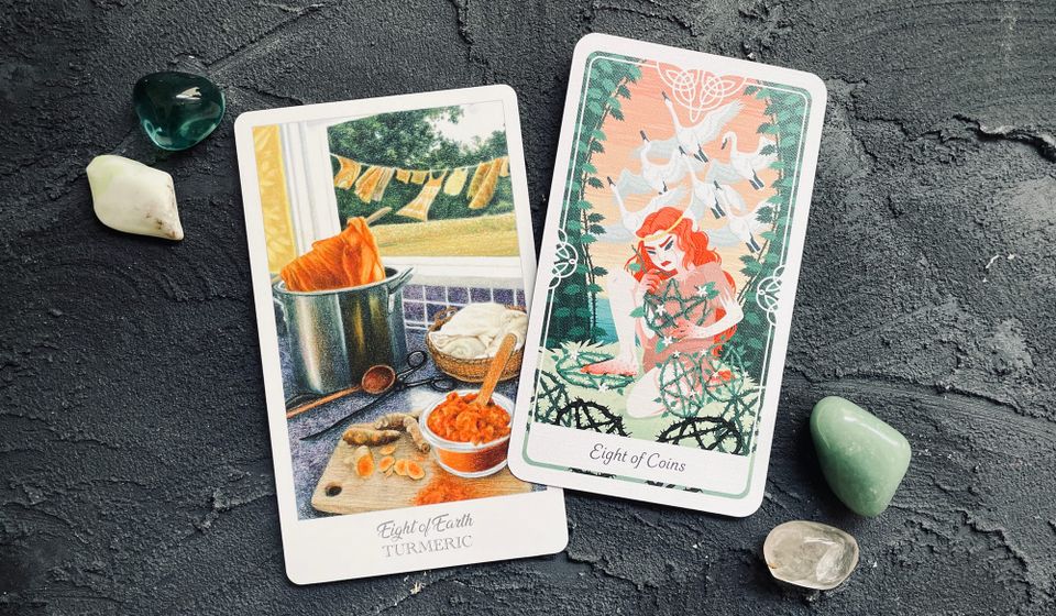 eight of earth/tumeric from the herbcrafters tarot (left) and eight of coins from the tarot of the divine (right)