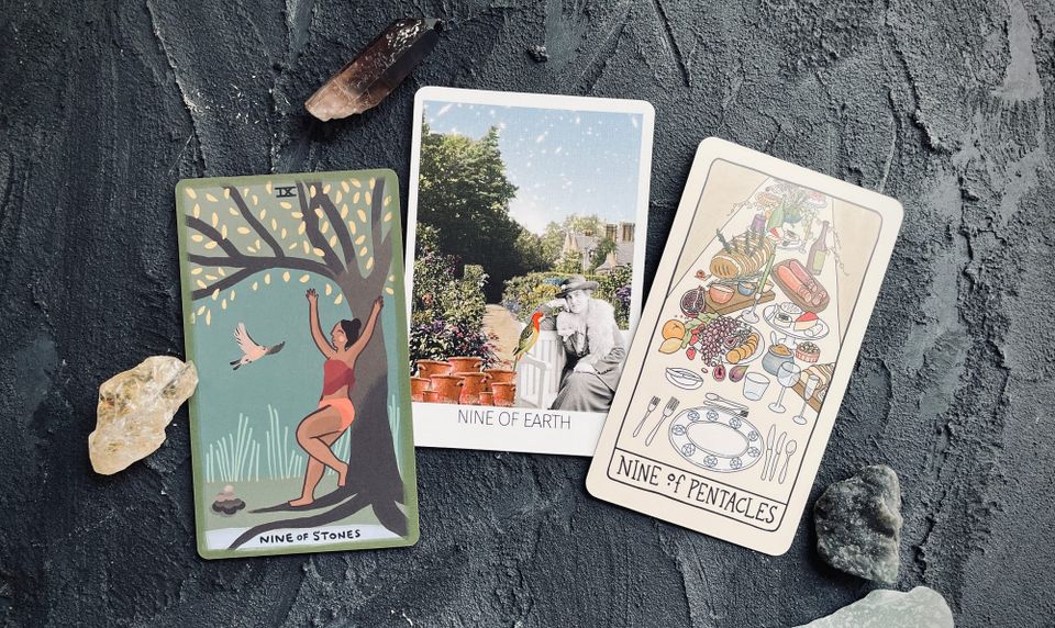 nine of pentacles from the gentle tarot (left), the rosebud tarot (center), and the fifth spirit tarot (right)