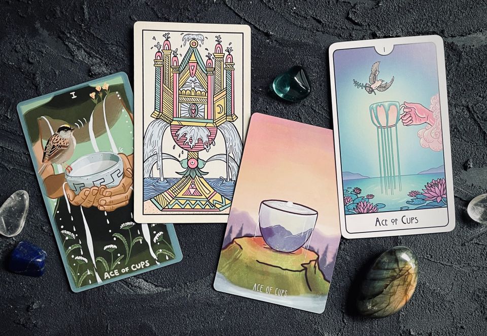 ace of cups, from left to right: gentle tarot, gay marseille, spacious tarot, this might hurt tarot