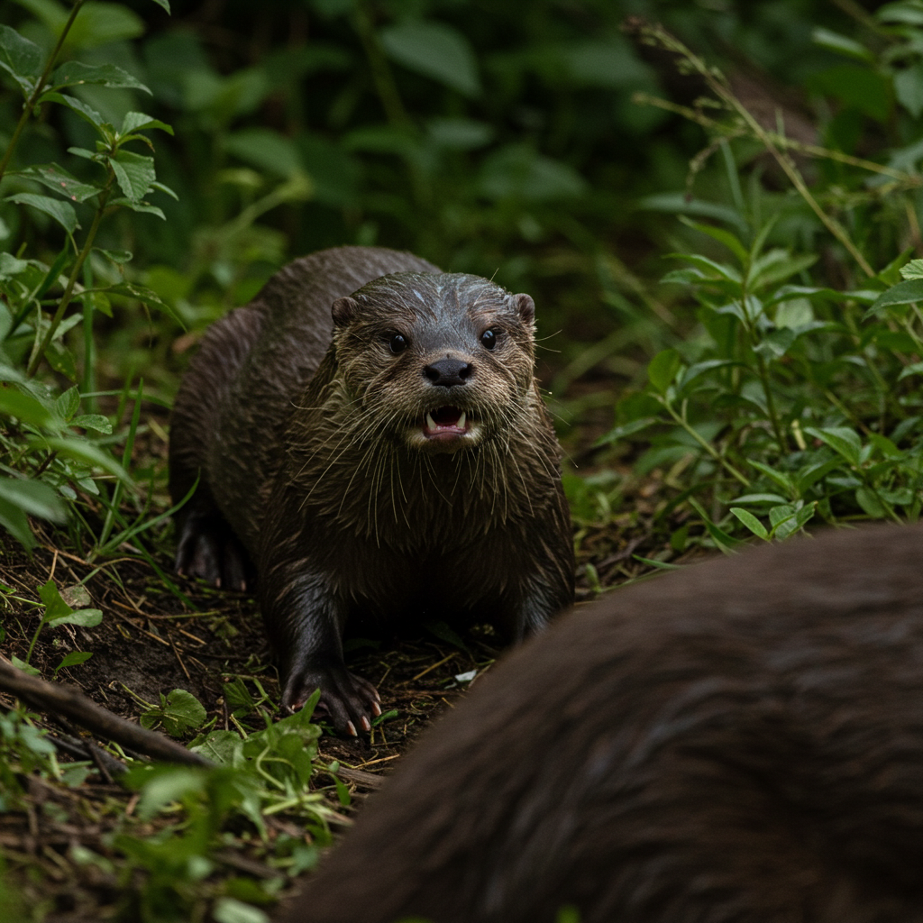 A photorealistic image of a river otter, its sleek, dark brown fur glistening with water droplets, crouched low to the ground, poised to spring at a large, imposing beast. The otter's eyes are narrowed, its whiskers twitching, and its sharp teeth are bared in a silent snarl, radiating a sense of focused aggression. The large beast, perhaps a bear or a wolf, is partially obscured by shadows and vegetation, giving the scene an air of tension and suspense. The scene is bathed in soft, natural light, with dappled sunlight filtering through the leaves of overhanging trees, illuminating the otter's poised muscles and creating a captivating contrast between light and shadow. 
