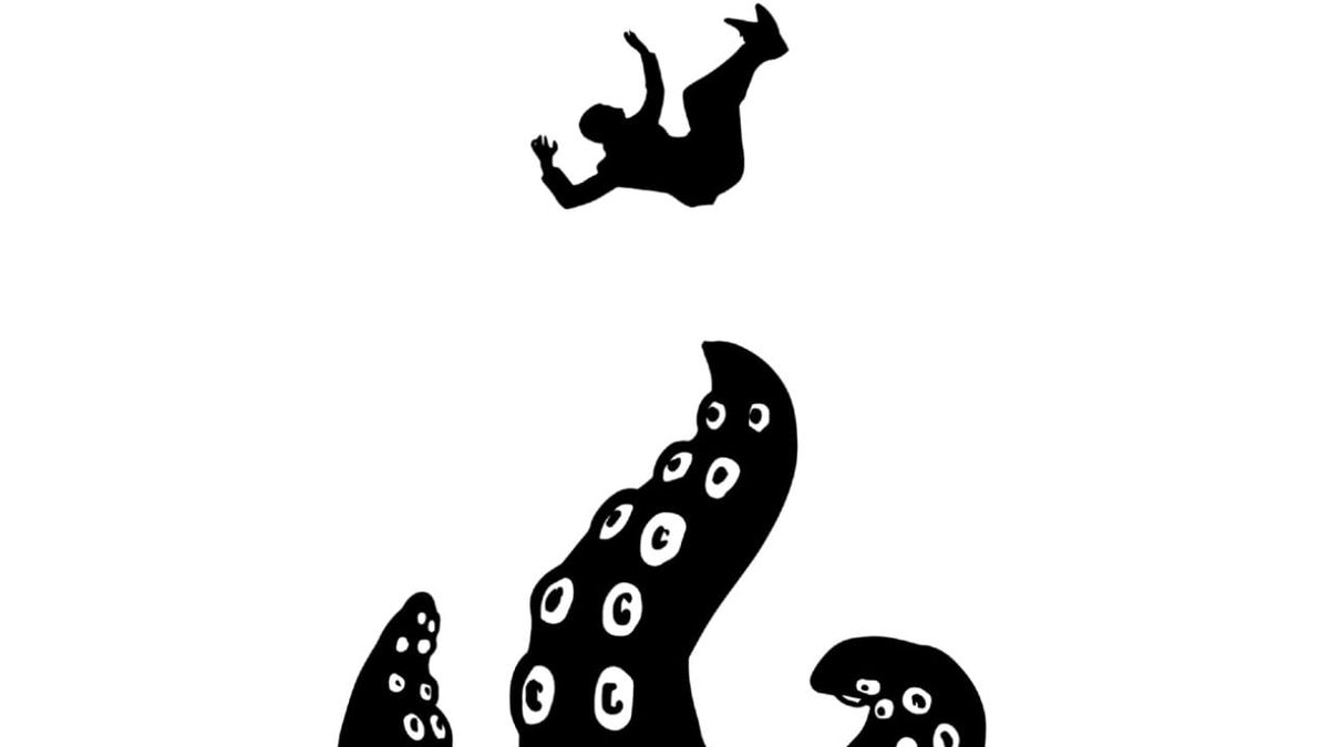 The Catch logo: A silhouette of a man fallig into three tentacles
