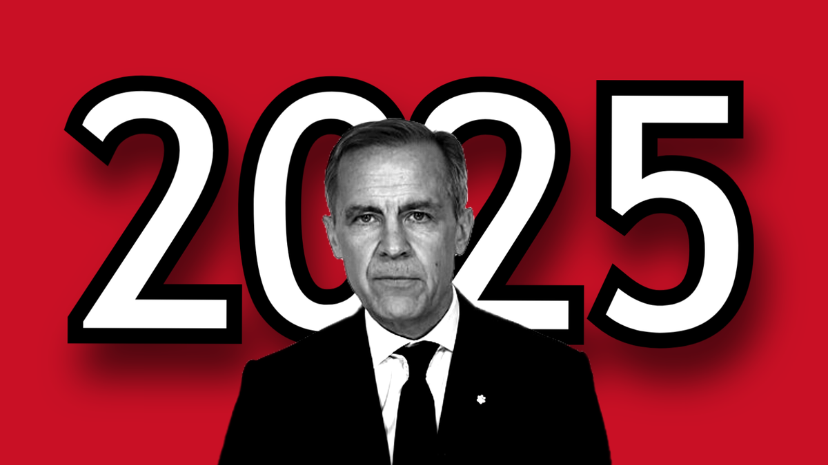 Mark Carney greyed out in front of "2025" on a red background