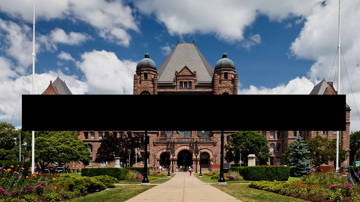 Queen's Park in Toronto on a sunny day with a black censor bar over the building