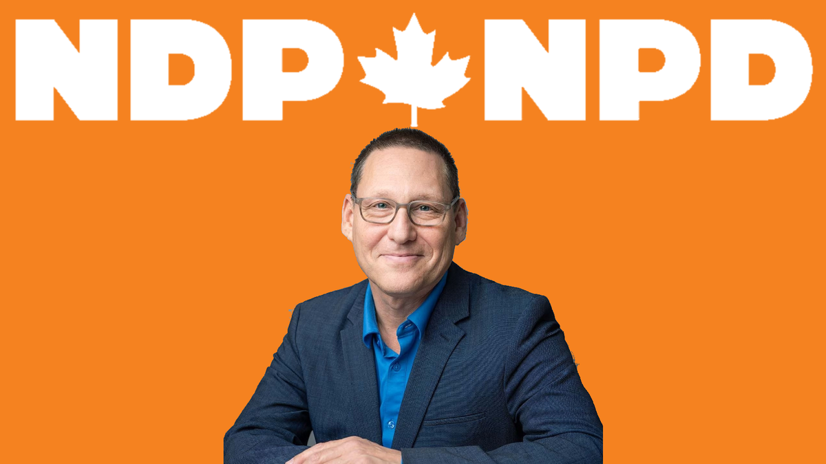 Avi Lewis, leader of the NDP, against an orange background and the NDP logo