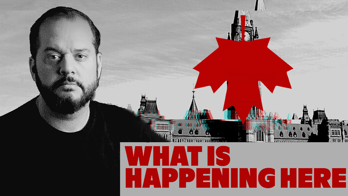 Black and white photo shows Jesse Brown to the left of a glitchy Parliament Hill building, an upside down Canada leaf and the name of his series