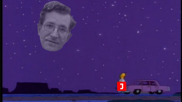 Homer Simpson sits on his car looking up into the sky. Homer is labelled with Jacobin as a Noam chomsky hovers in the sky.