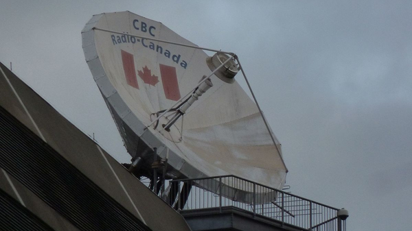 A satellite dish with the Canadian flag, and "CBC Radio-Canada" printed on the inside
