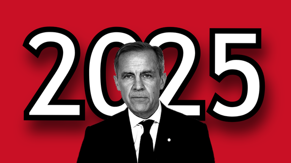 Mark Carney greyed out in front of "2025" on a red background