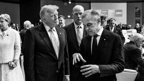 Trump listens to Mark Carney speaking at the 2026 NATO Summit at the Bestepe Presidential Compound in Ankara, Turkey on Wednesday, July 8, 2026.