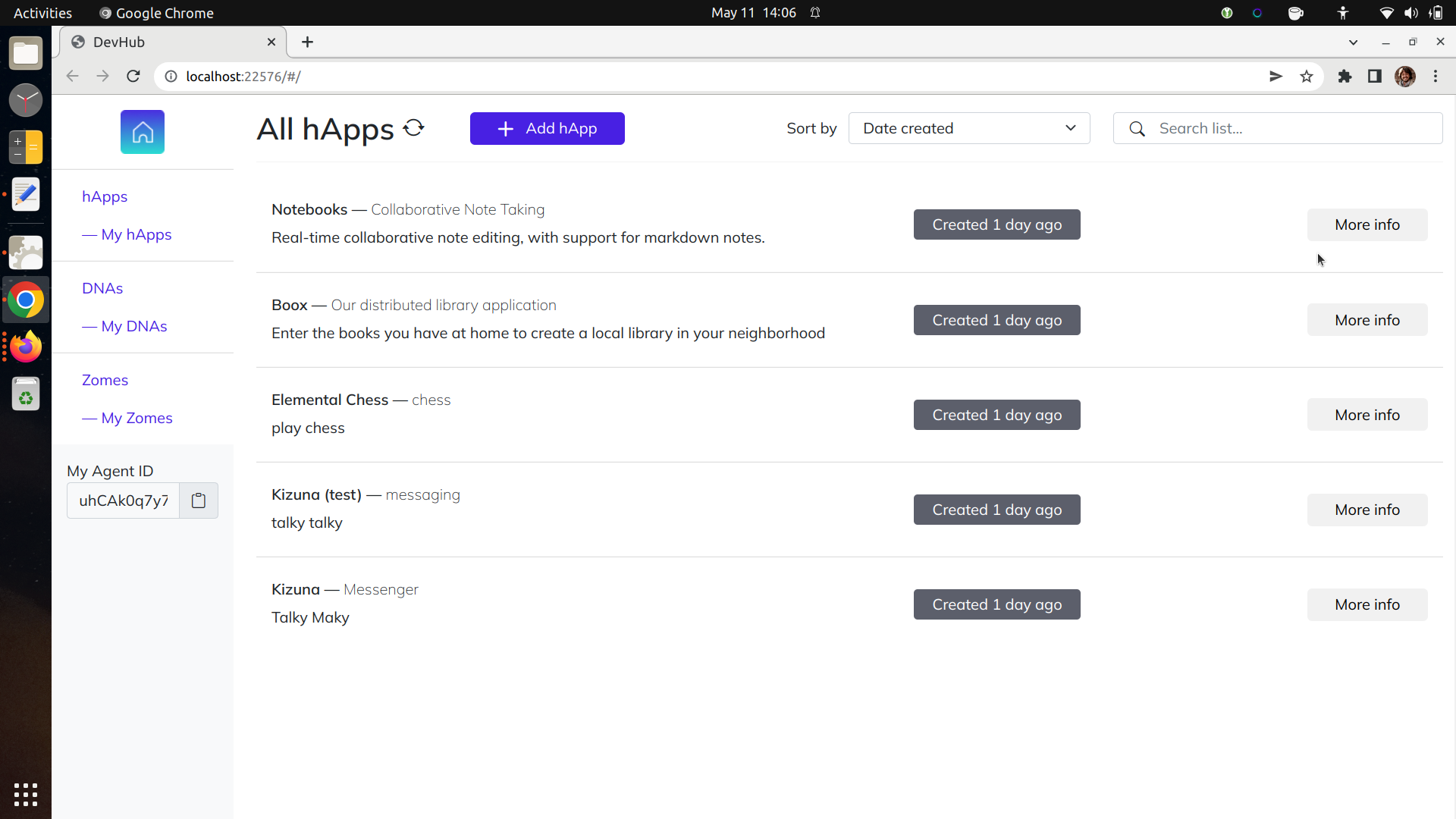 A screenshot of the DevHub's main page, showing five hApps