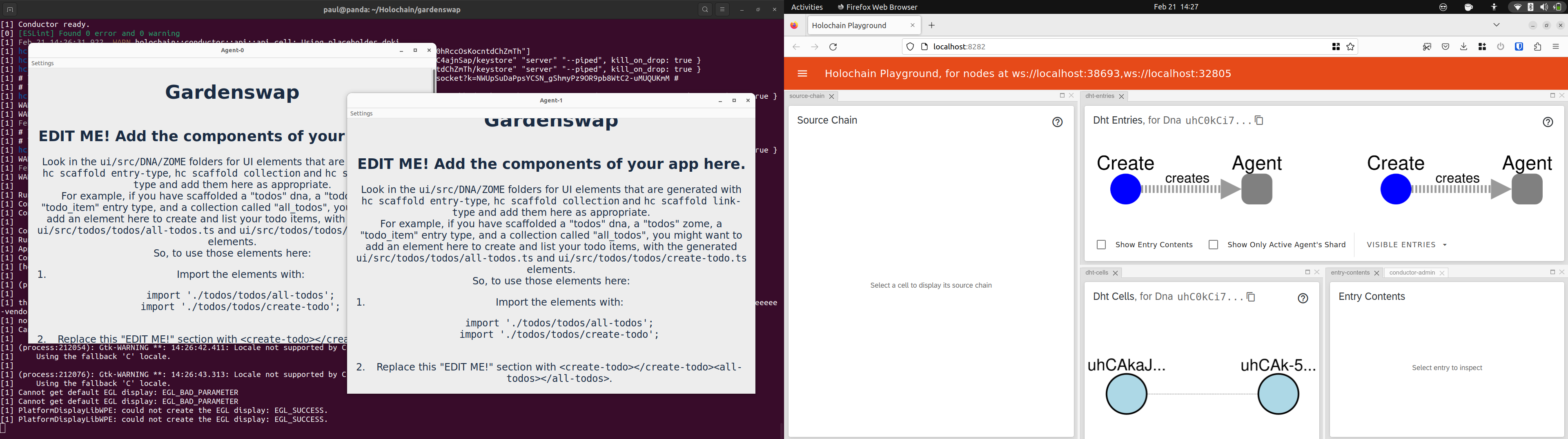 A screenshot of two screens side by side, one showing a terminal and two app windows with an unattractive default UI in them, and the other showing the Holochain playground which maps the peers and data in the app's DHT.
