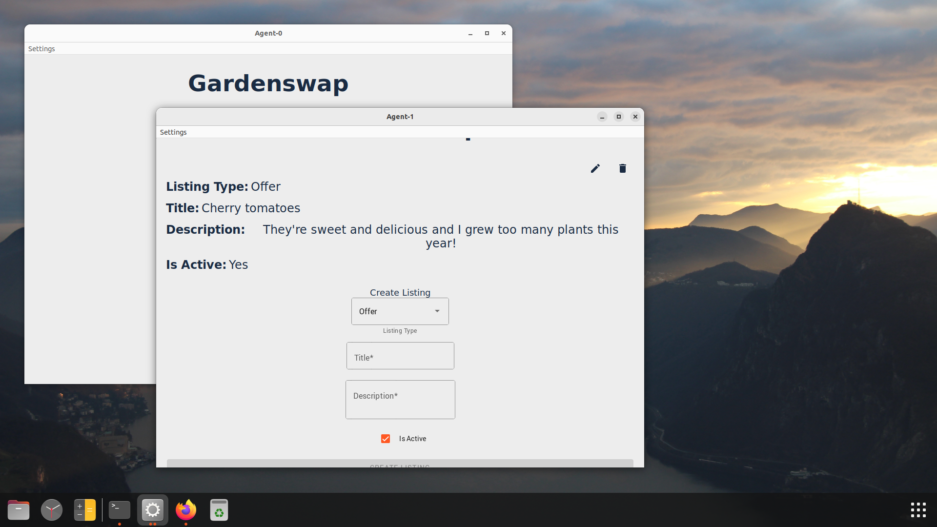 A screenshot of two windows, each showing the UI of a hApp. The window in front shows an existing offer of cherry tomatoes and a form to create a new listing.