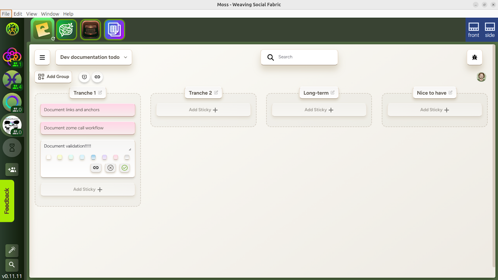 A screenshot of a tool called Talking Stickies in the Moss browser, being used to track documentation tasks for the Holochain project.