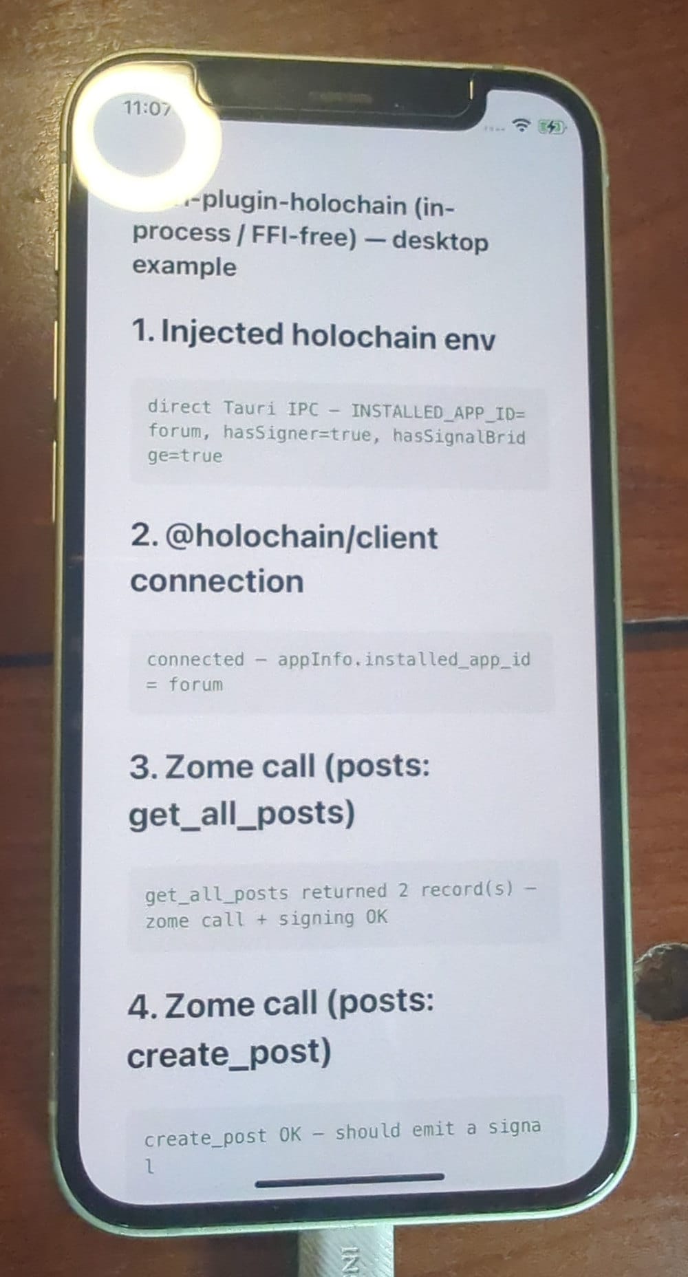 a photo of an iPhone running a basic diagnostic hApp, showing a bunch of success messages