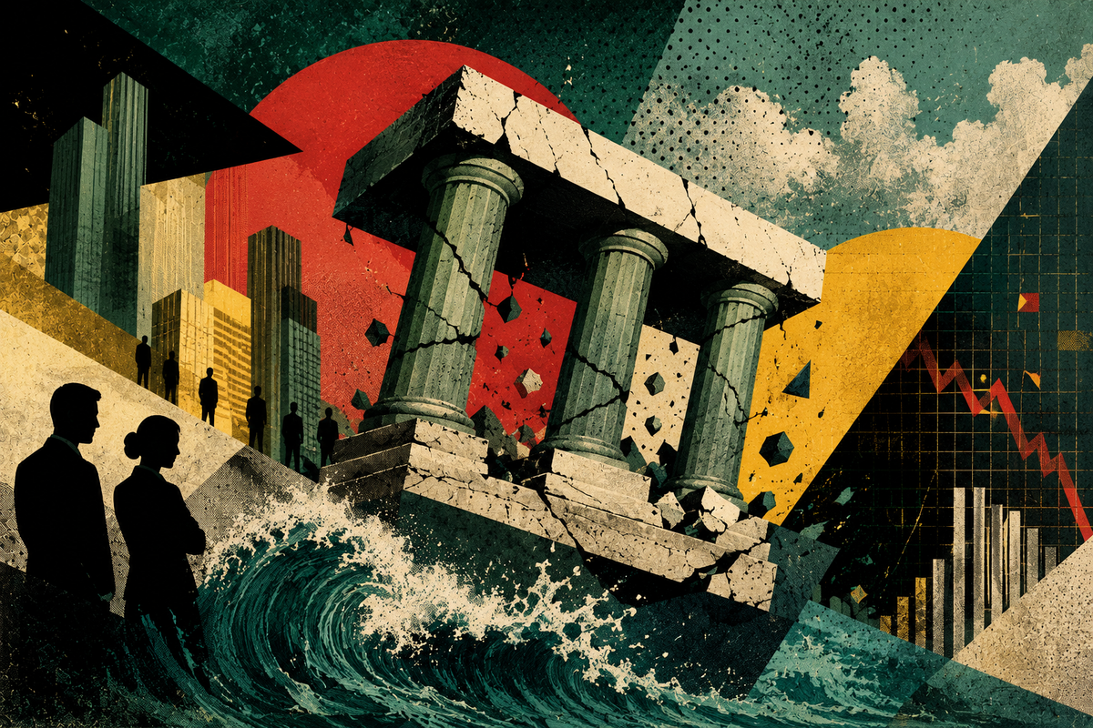 Abstract pop-modernist illustration of fractured institutional structures symbolizing the private credit crisis and the growing tension between liquidity, leverage, and trust.