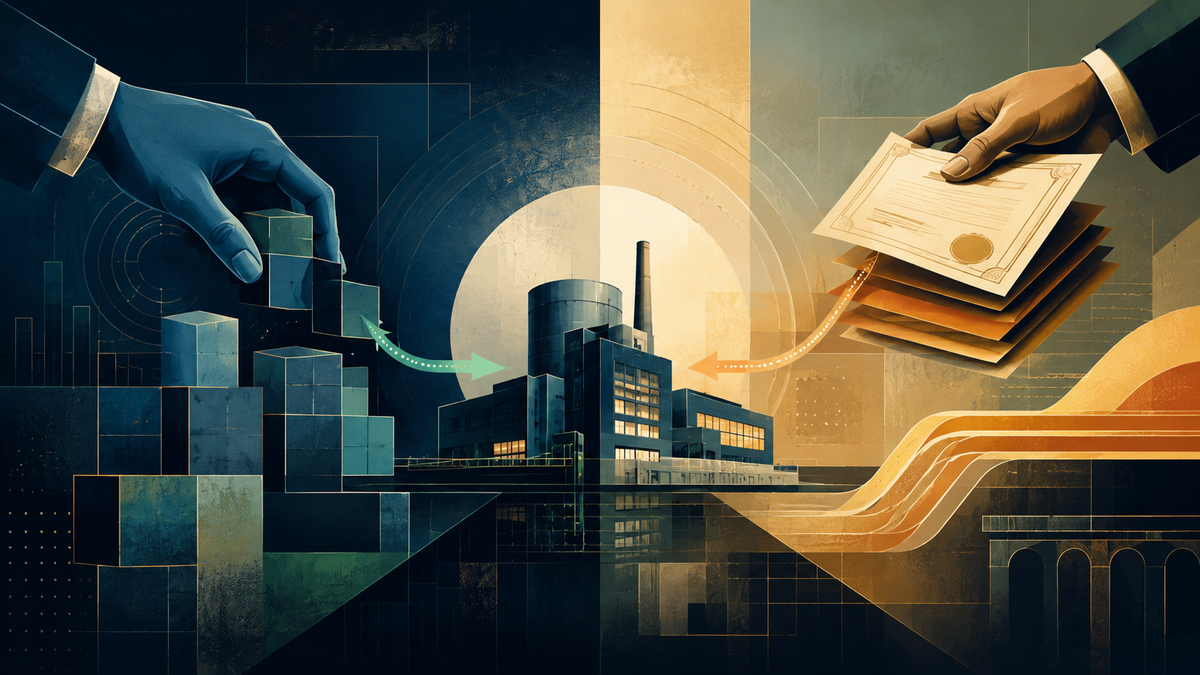 Abstract illustration showing private equity as ownership blocks and private credit as loan documents, both connected to a central private company.