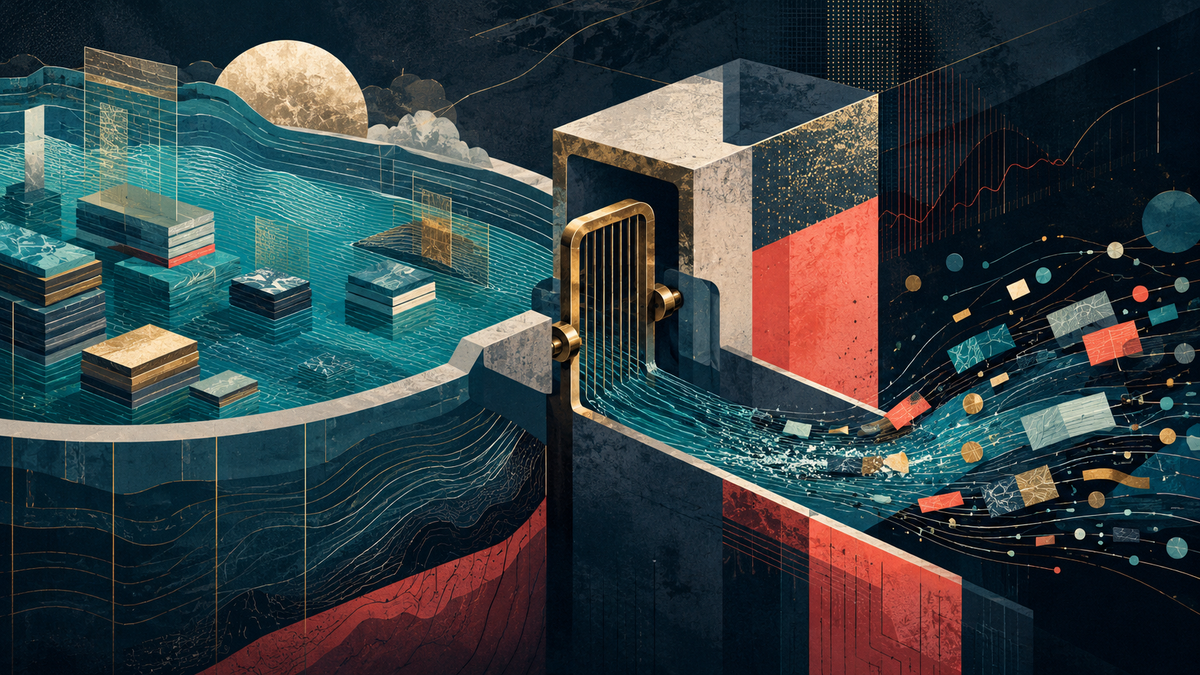 Abstract illustration of capital flowing through a narrow redemption gate, showing private credit liquidity pressure and investor withdrawals.