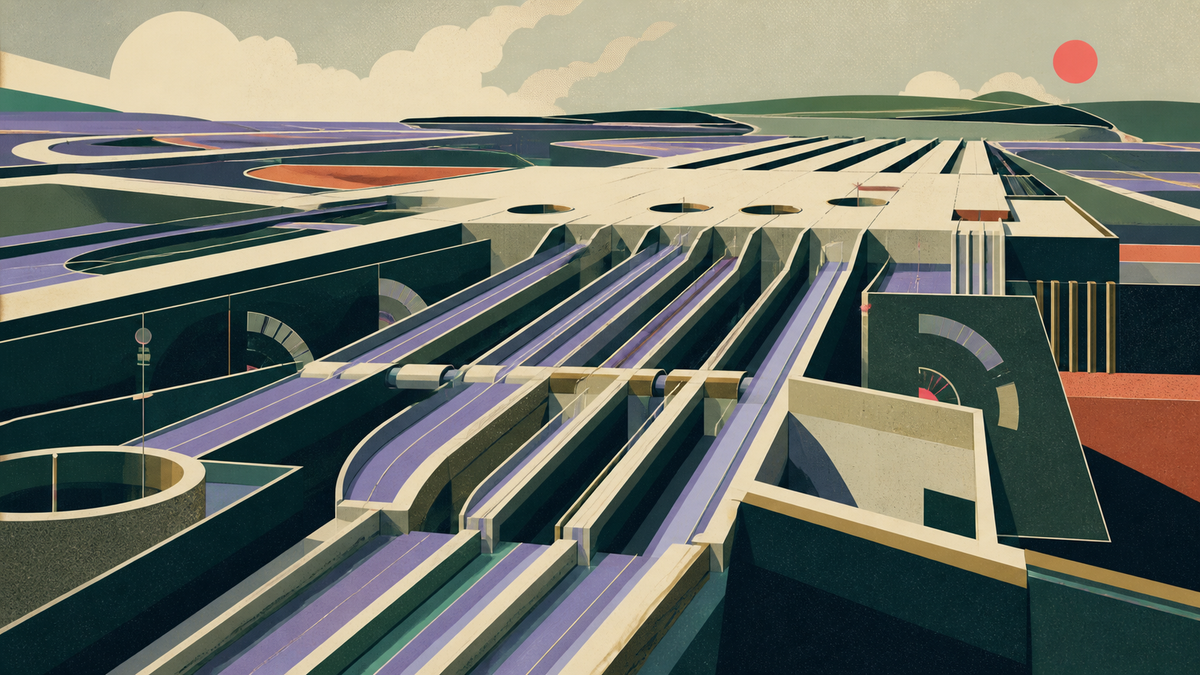 A vast asymmetric switchyard distributes many channels through a monumental private-credit landscape.