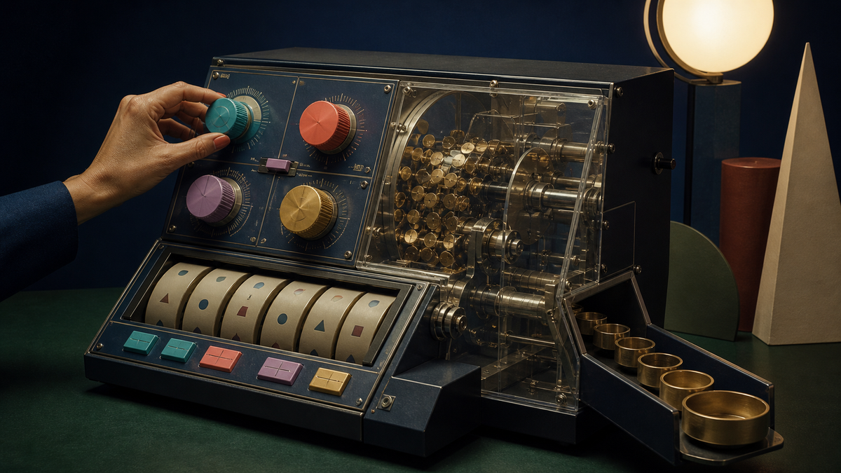 A hand adjusts a colorful analog scenario machine with visible gears and a sequence of expanding output cups.