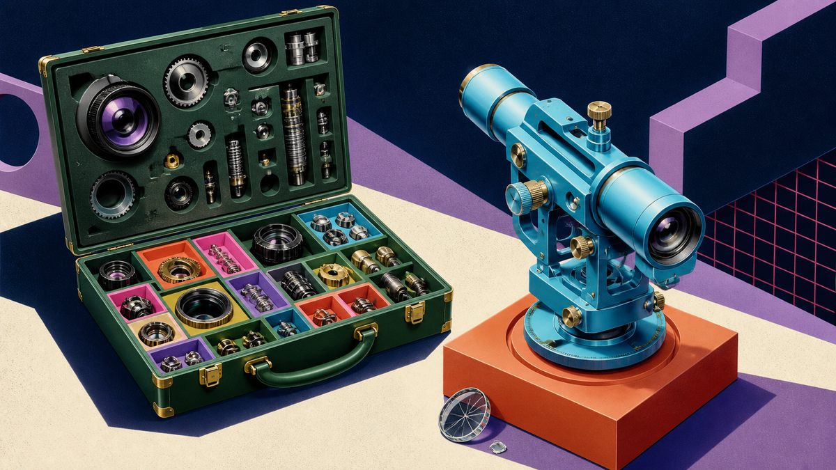 A fitted case of varied precision components sits beside one powerful cyan instrument with a cracked spare lens.