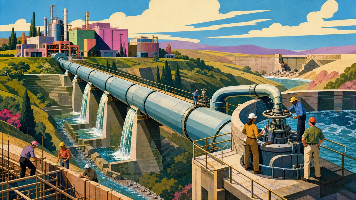A diverse team of engineers operates a monumental aqueduct linking a bright industrial complex to a reservoir across a terraced landscape.