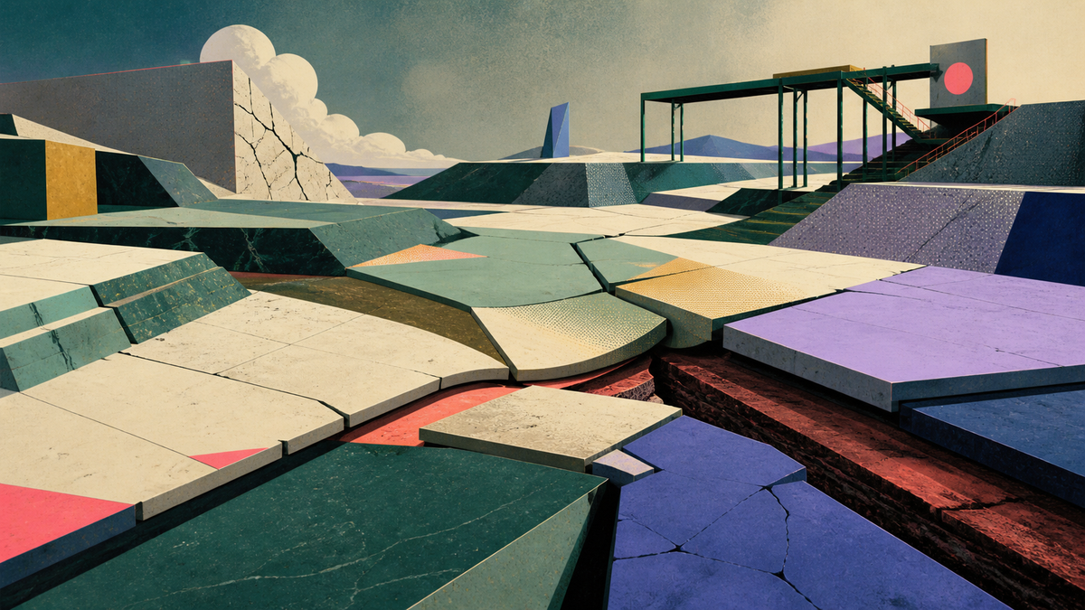 Fractured geometric pressure plates spread uneven stress across a colorful engineered terrain.
