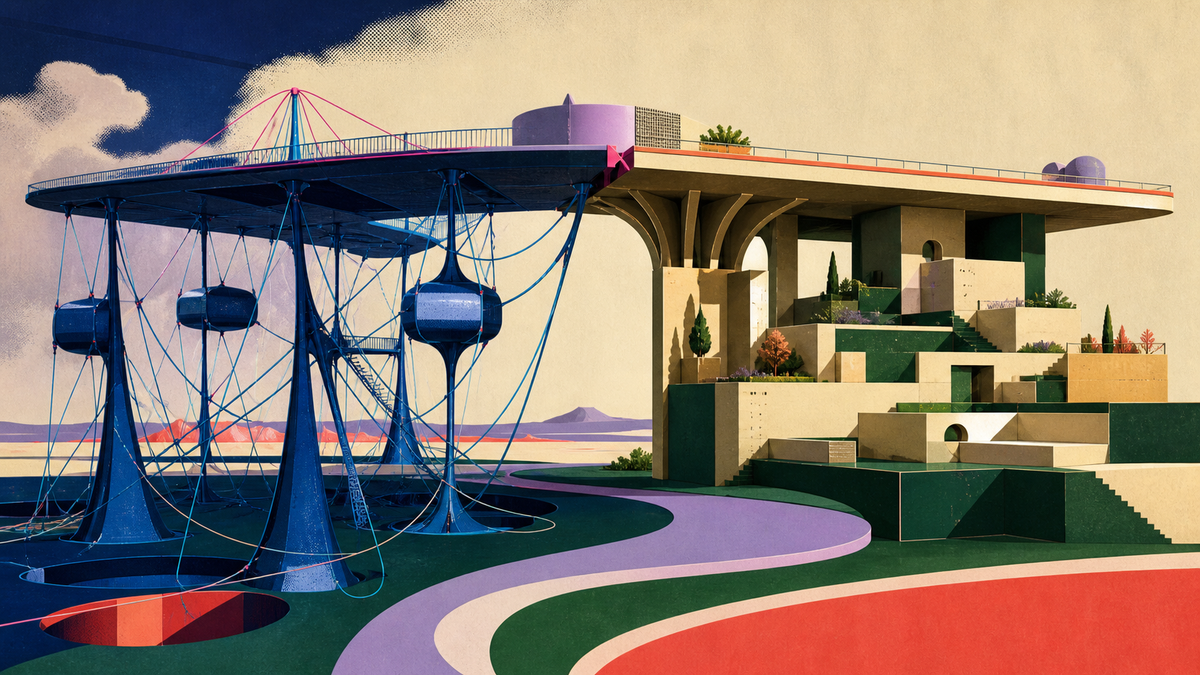 Two contrasting structural systems, one tensile and one masonry, support a shared elevated platform.