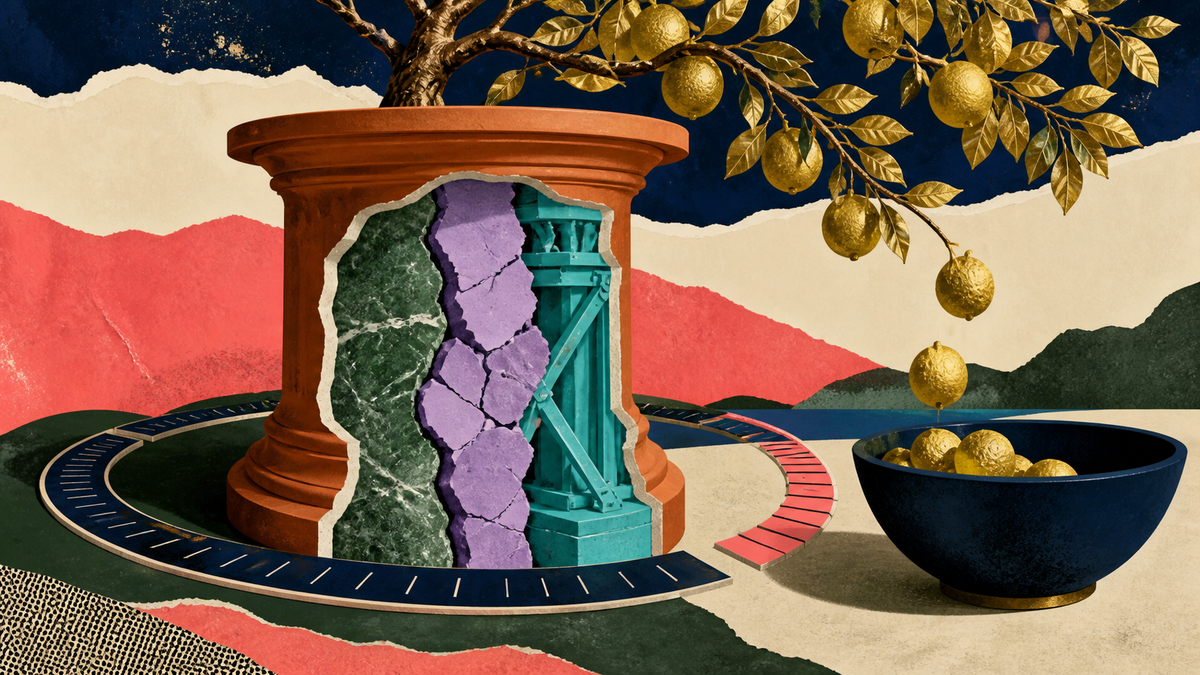 Golden fruit falls into a bowl while a cutaway pedestal reveals stone, fractures and structural repairs beneath it.
