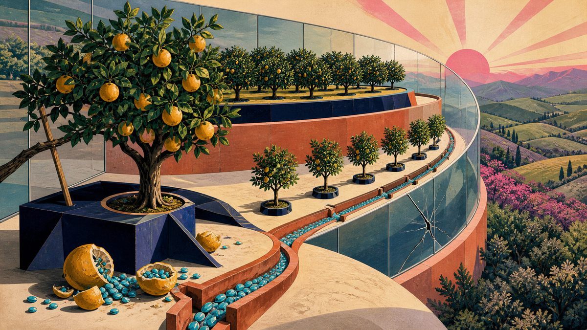 A mature citrus tree sends bright seeds through terraced rows of young trees into a larger protected orchard.