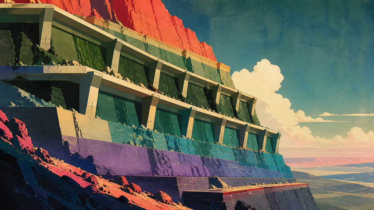 Layered retaining shelves and buttresses contain pressure along a vivid geometric escarpment.