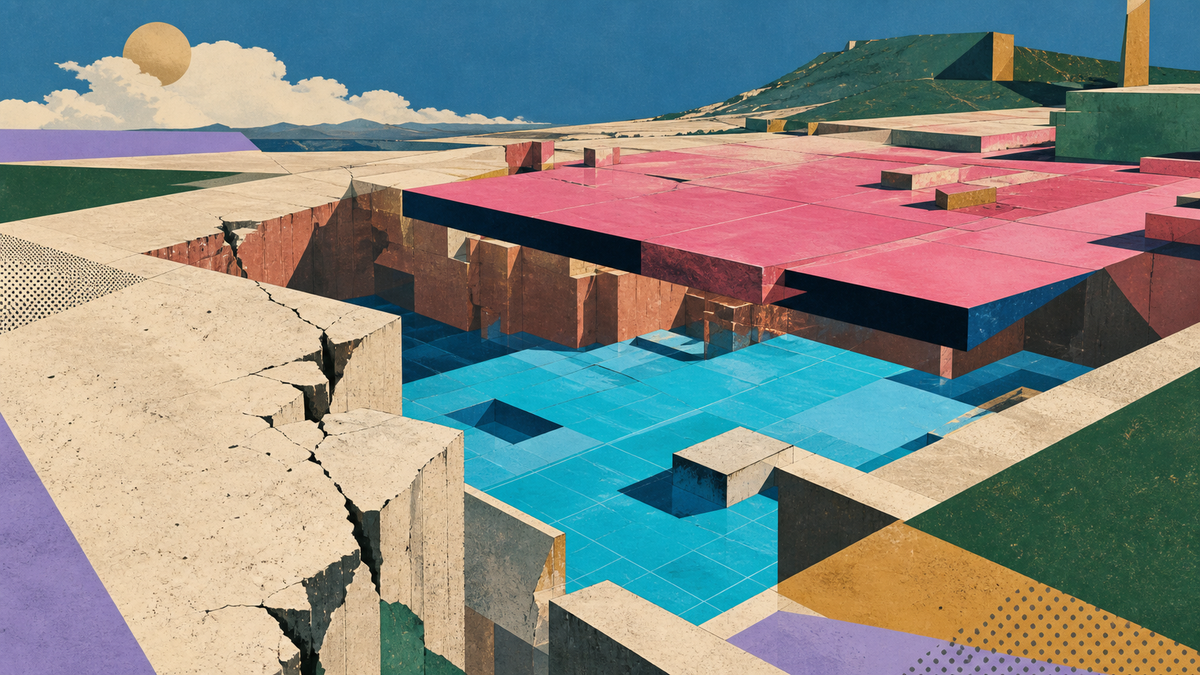 A pink market platform sits displaced above an exposed cyan foundation in a fractured quarry.