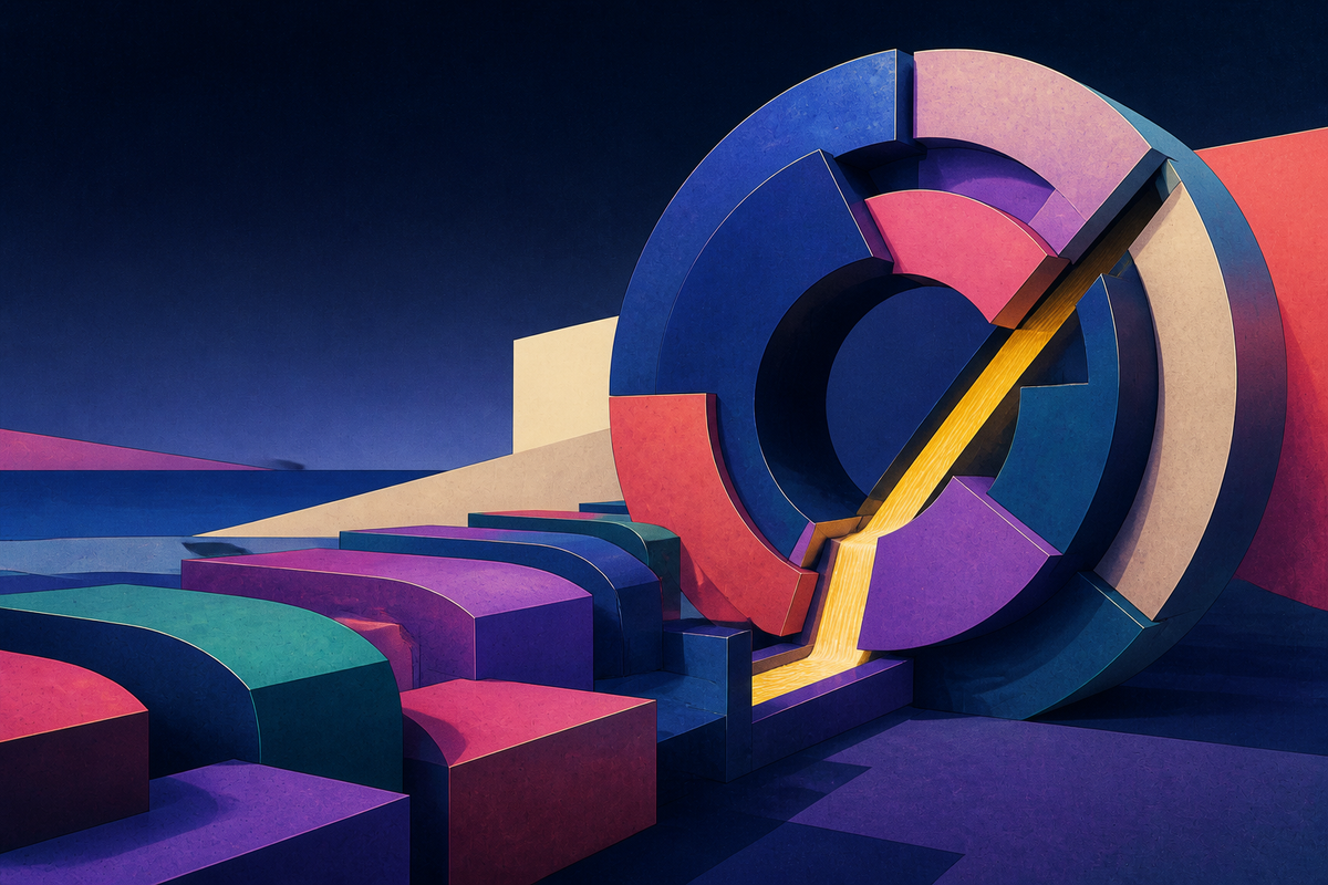 Colored modules queue before a giant segmented aperture releasing a narrow golden stream.