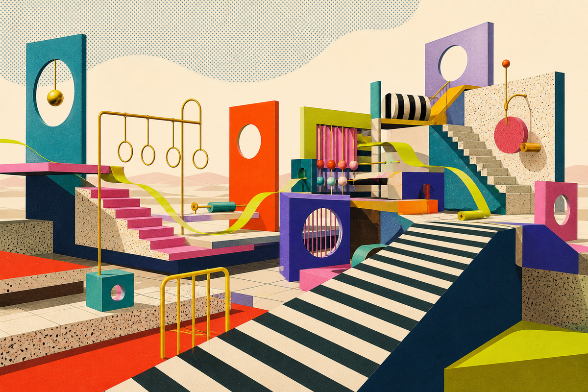 A vivid postmodern obstacle course uses ramps, hoops, rollers, and screens to regulate multiple pathways.
