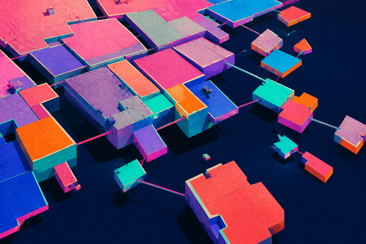 Bright modular platforms split into uneven fragments over a navy void, linked by thin neon bands.