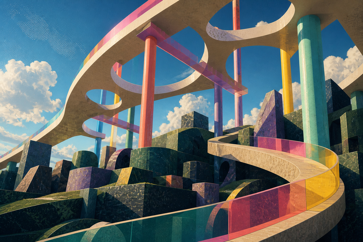 A colorful public promenade and exoskeleton rise above irregular private-company forms.