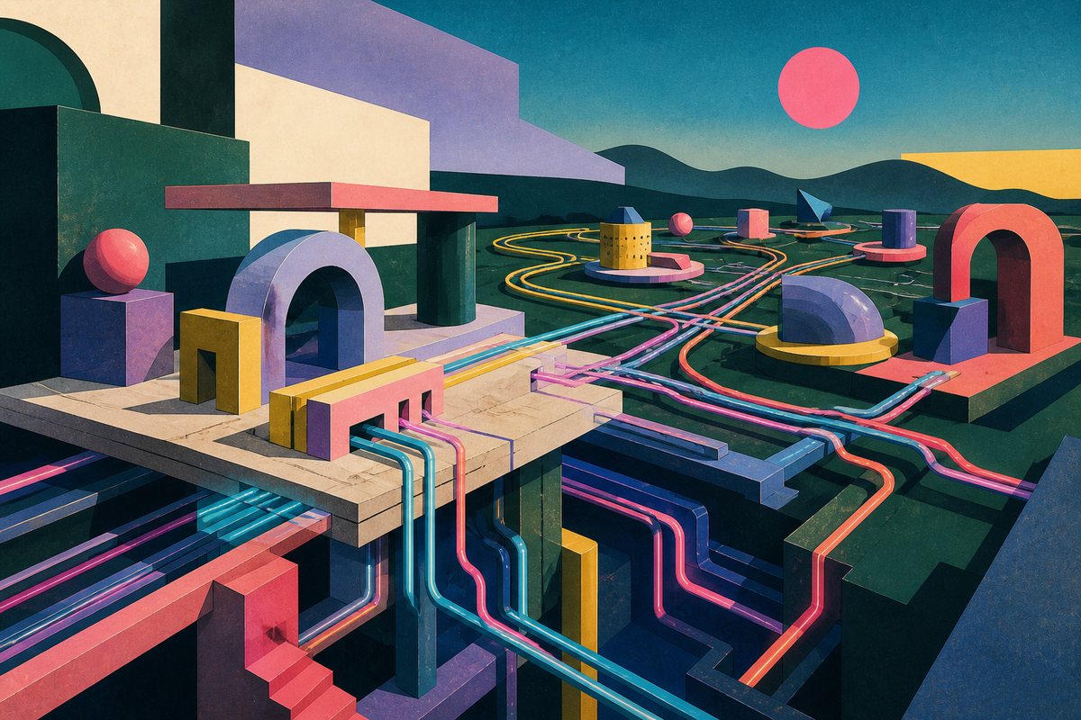 A bright postmodern switchyard distributes luminous channels across varied private-lending forms.