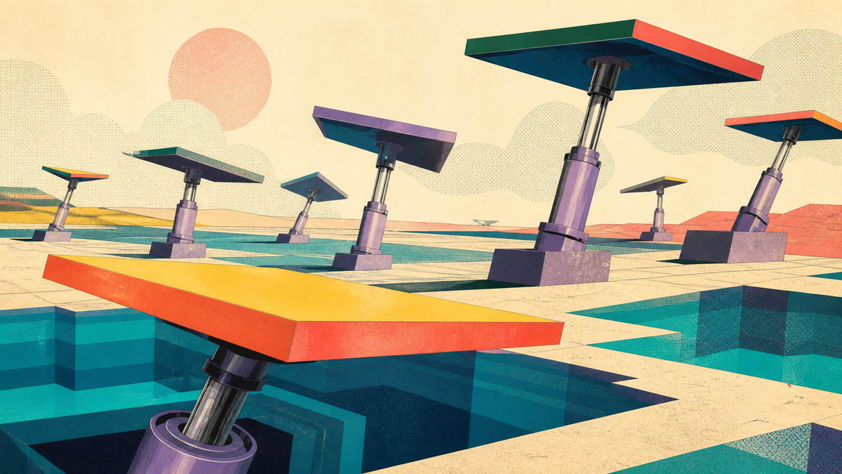 Colorful platforms rise and tilt at different heights on hydraulic columns across shifting terrain.