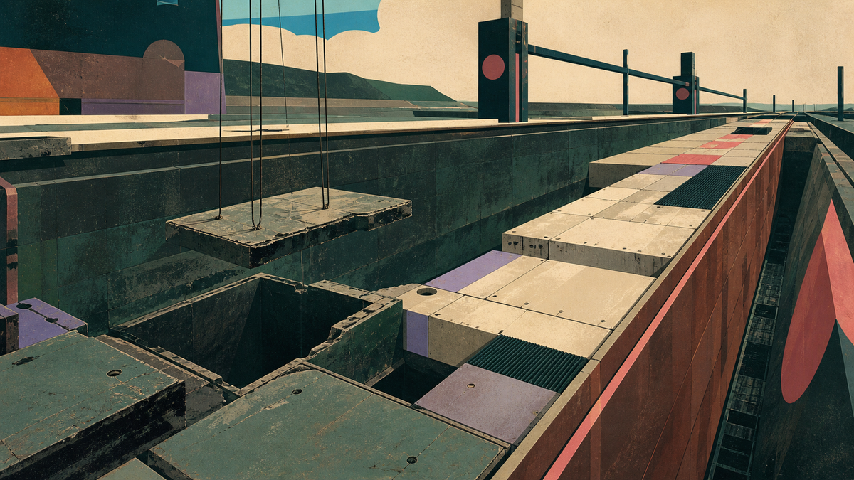Damaged slabs are removed while a narrower reinforced deck is assembled inside a geometric drydock.