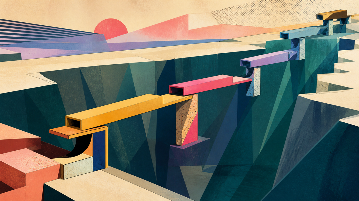Bright cantilevered platforms cross a deep excavation one financed milestone at a time.
