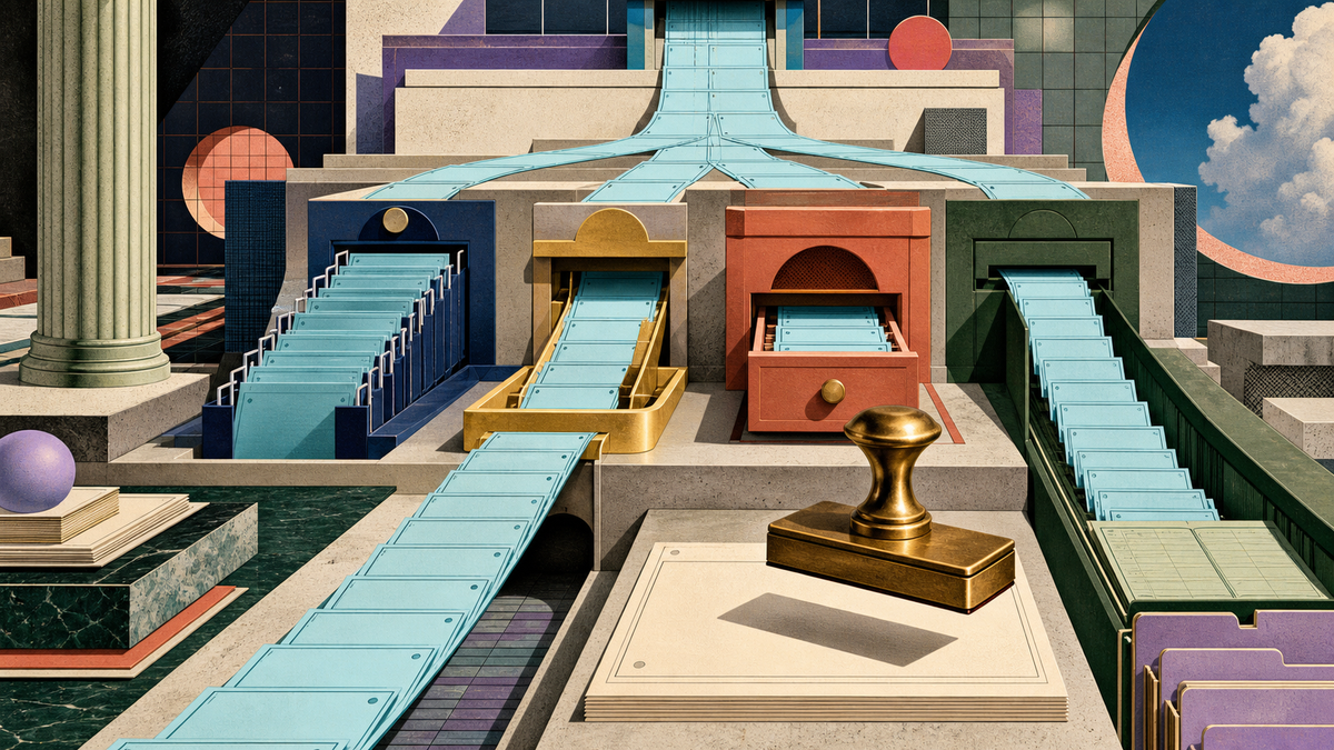 Blank cyan dividend forms split into four filing treatments beneath a brass tax stamp in a postmodern records chamber.