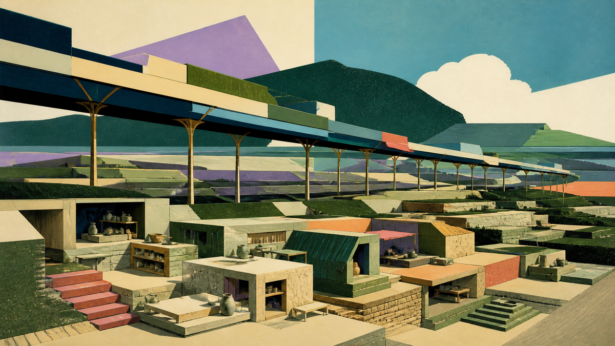 Small modular workshops and terraces are supported by a long elevated capital spine.