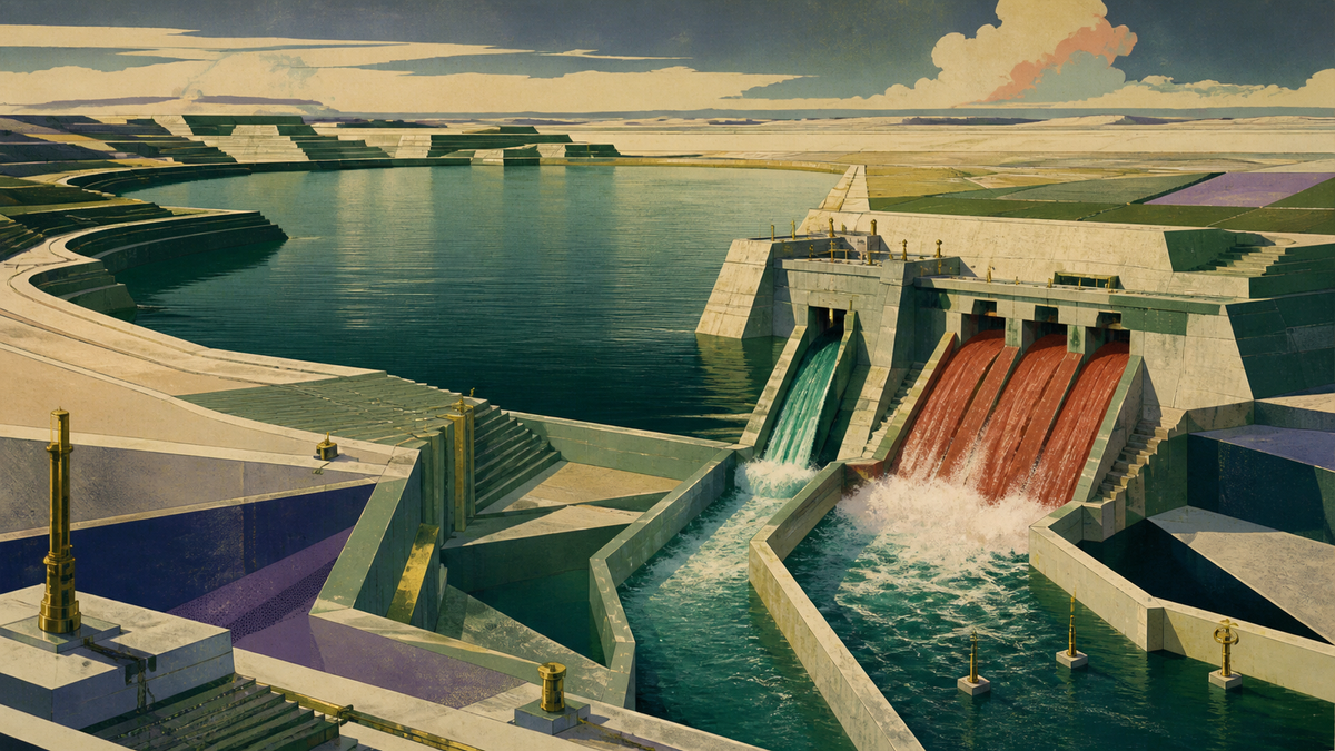 A monumental terraced reservoir releases water through two unequal spillways, representing rising stored value and total dividends exceeding current income.