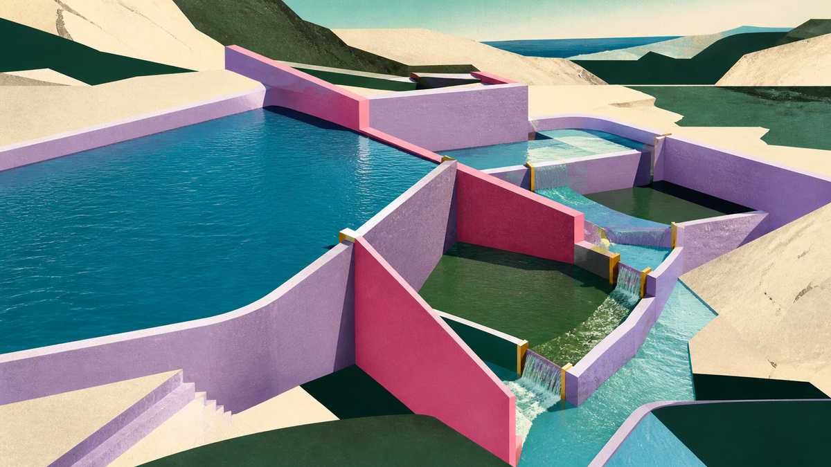 Offset retaining walls divide bright reservoirs into controlled channels and limited spillways.
